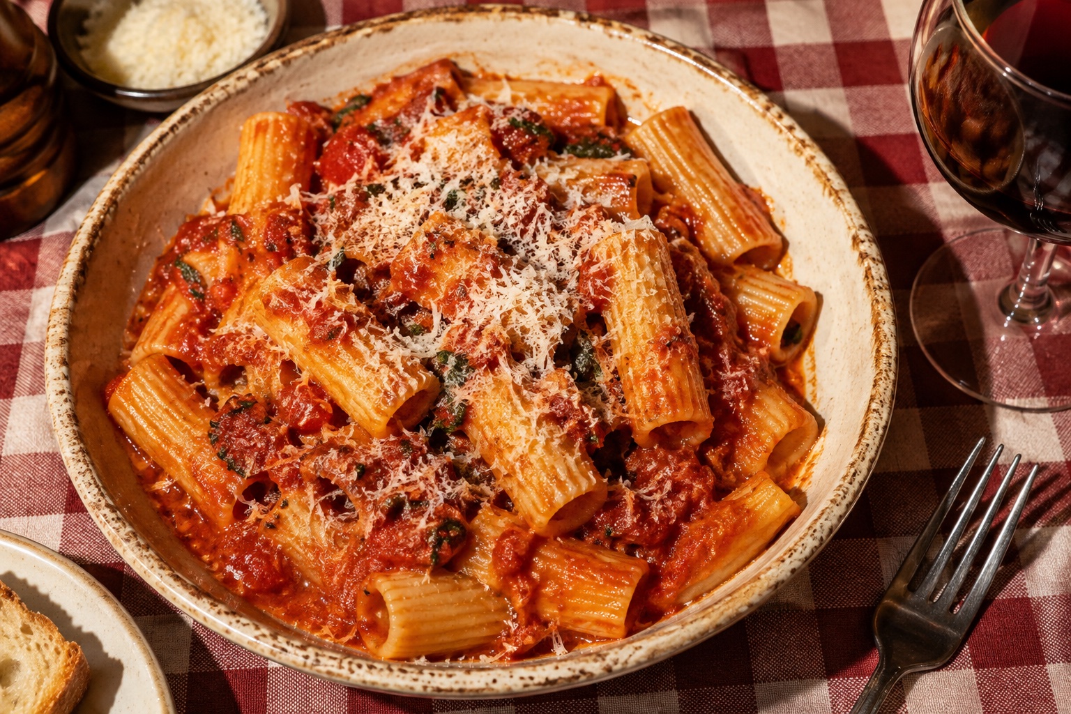 Rigatoni in tomato sauce with parmesan on a checkered tablecloth